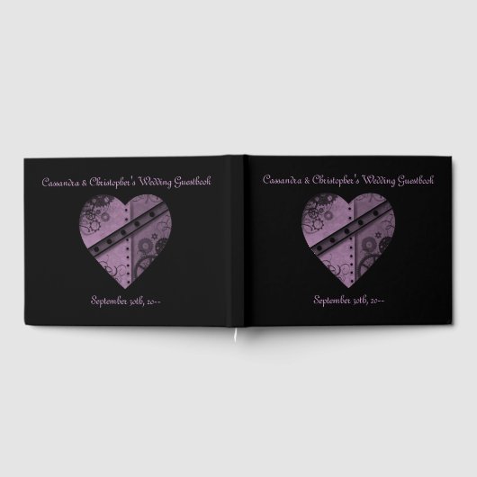 美しい紫色のスチームパンクハートオン黒 ゲストブック (全面)