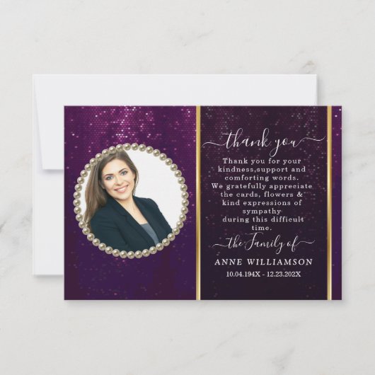 美しい紫色の写真葬式サンキューカード サンキューカード (正面)