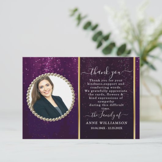 美しい紫色の写真葬式サンキューカード サンキューカード (スタンド正面)