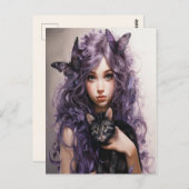 美しい紫色の妖精の蝶ブラックキャット ポストカード (正面/裏面)