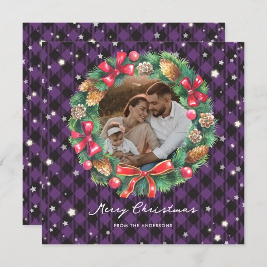 美しい紫色の格子模様リース星写真 シーズンカード (正面/裏面)