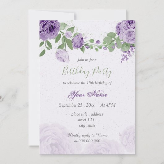 美しい紫色の花の緑の葉誕生日 招待状 (正面)