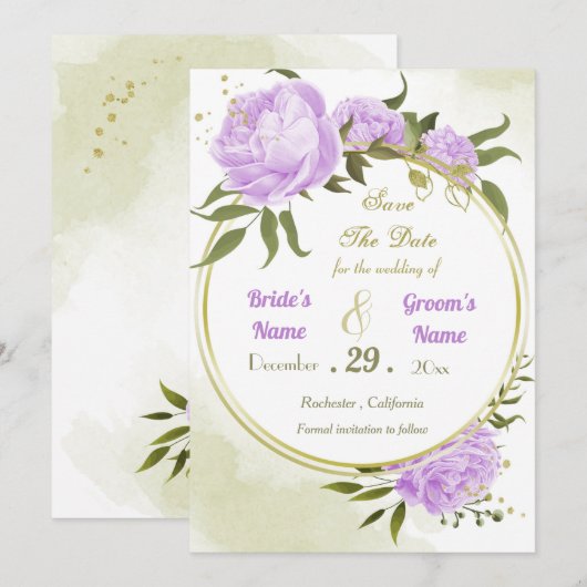 美しい紫色の花の緑葉のリース セーブザデート (正面/裏面)