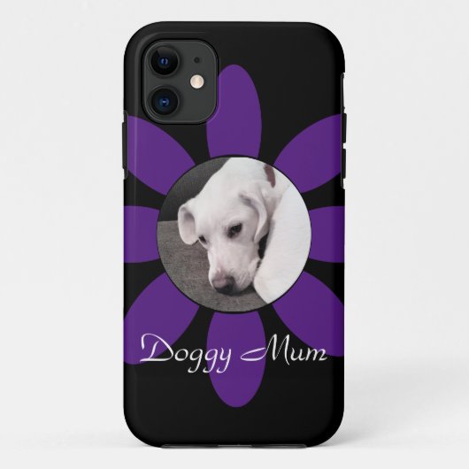 美しい紫色の花枠かわいい子犬の黒 Case-Mate iPhoneケース (裏面)