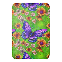 美しい紫色の蝶の花草原 バスマット