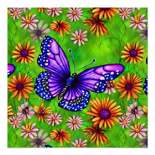 美しい紫色の蝶の花草原 ポスター (正面)