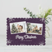 美しい紫色の銀の雪の結晶フォトクリスマス シーズンカード (スタンド正面)