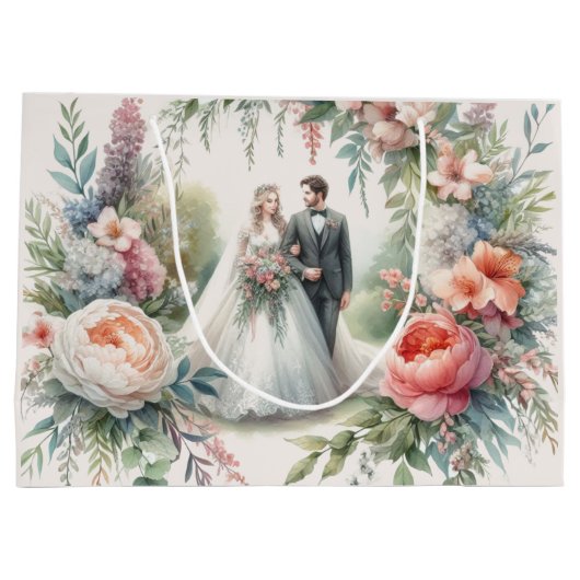 美しい結婚フローラと新郎新婦抱き枕 ラージペーパーバッグ (裏面)