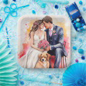 美しい結婚式のカップル 水彩画 ペーパープレート (パーティー)