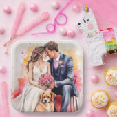 美しい結婚式のカップル 水彩画 ペーパープレート (パーティー)