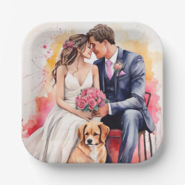 美しい結婚式のカップル 水彩画 ペーパープレート