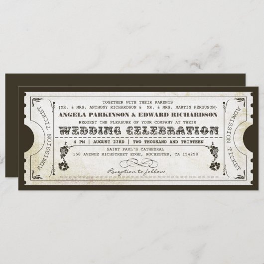 美しい結婚式のヴィンテージのチケットの招待状 招待状 (正面/裏面)