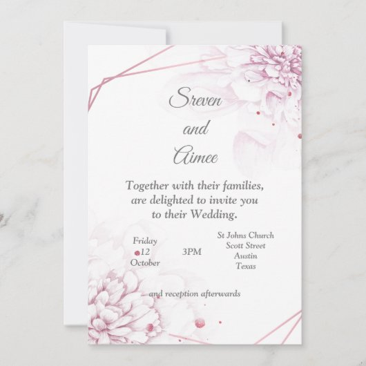 美しい結婚式の招待状、ピンクの花 招待状 (正面)