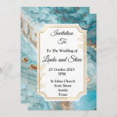 美しい結婚式の招待状, 青と金のマーブル 招待状 (正面/裏面)