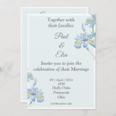 美しい結婚式招待状、青、青の花 招待状 (正面/裏面)