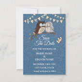 美しい結婚式 青い茶色のフクロウのラメの セーブザデート (裏面)
