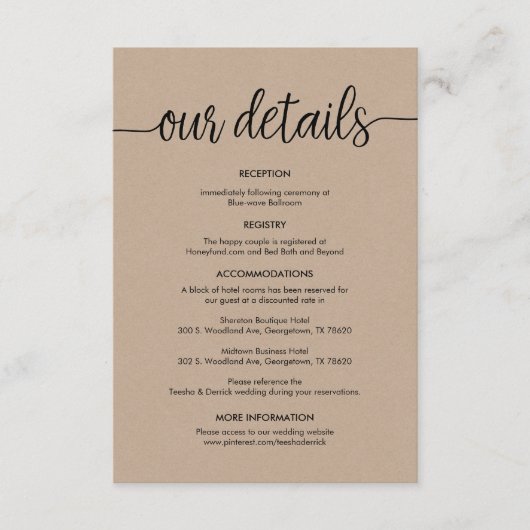 美しい結婚我々の詳細、黒素朴インク エンクロージャーカード (正面)