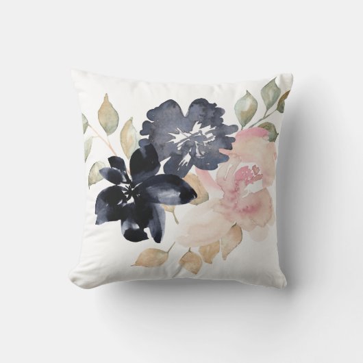美しい絵を描水色の花が散る クッション (正面)