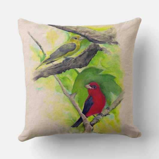 美しい緋色のタネガーの鳥アート クッション (裏面)