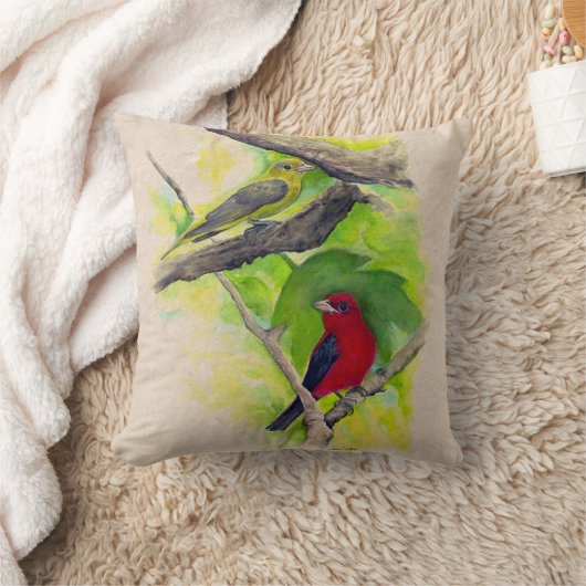 美しい緋色のタネガーの鳥アート クッション (ブランケット)