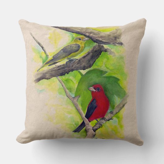 美しい緋色のタネガーの鳥アート クッション (正面)