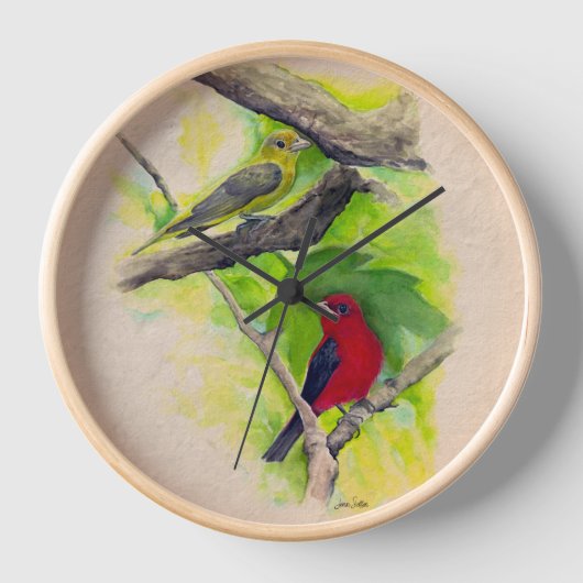 美しい緋色のタネージャ絵画の鳥 壁時計 (正面)