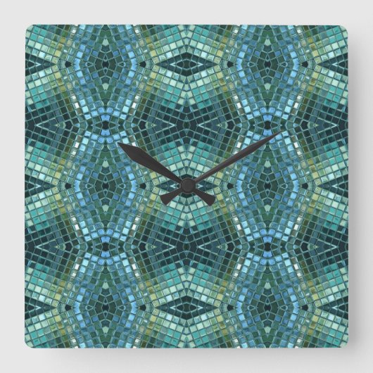 美しい緑および青のガラスモザイク スクエア壁時計 (正面)