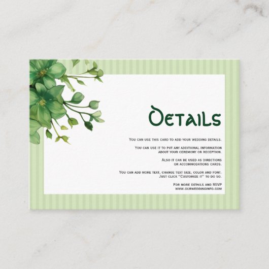 美しい緑とストライプ結婚詳細 エンクロージャーカード (正面)