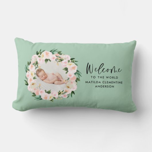 美しい緑のフローラガーリー写真ベビーへようこそ ランバークッション (正面)