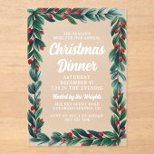 美しい緑のベリーフレームクリスマスディナー アクリル招待状 (正面)
