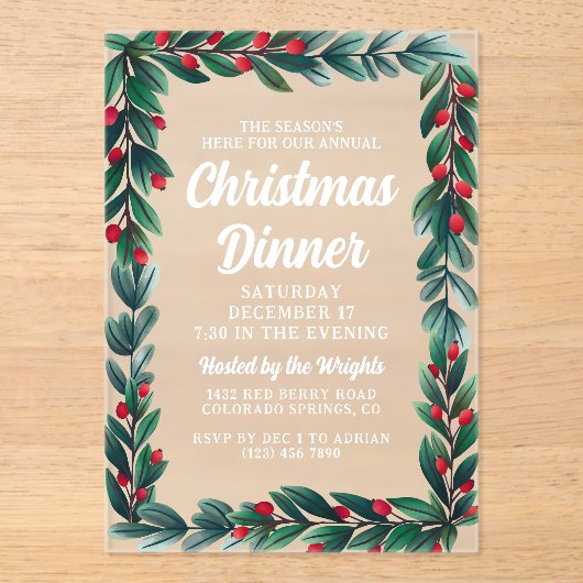 美しい緑のベリーフレームクリスマスディナー アクリル招待状 (正面)