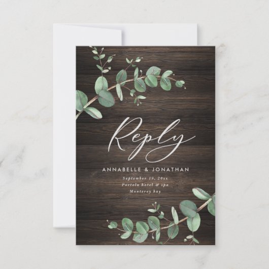 美しい緑のユーカリ結婚プトゥスのダークウッド 出欠カード (正面)