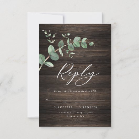 美しい緑のユーカリ結婚プトゥスのダークウッド 出欠カード (裏面)