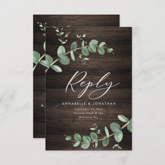 美しい緑のユーカリ結婚プトゥスのダークウッド 出欠カード (正面/裏面)