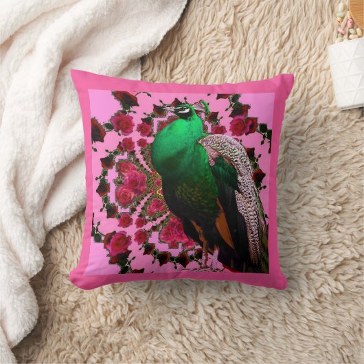美しい緑の孔雀のピンクのローズピンクの芸術 クッション (ブランケット)