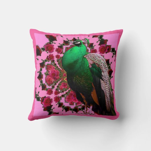 美しい緑の孔雀のピンクのローズピンクの芸術 クッション (裏面)