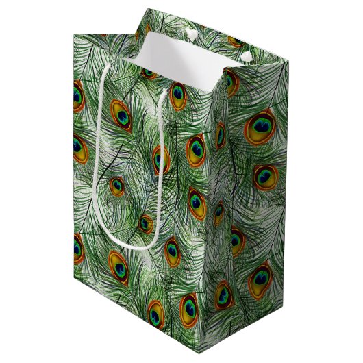 美しい緑の孔雀の羽 ミディアムペーパーバッグ (正面アングル)