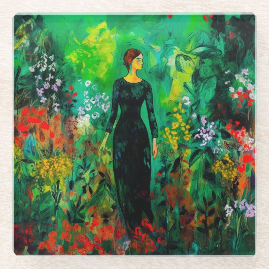 美しい緑の草原の女性 ガラスコースター (正面)