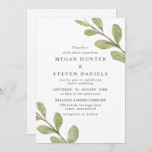 美しい緑の葉の水の色エレガントな結婚式 招待状 (正面/裏面)