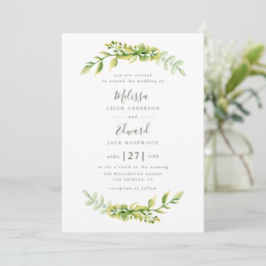 美しい緑の葉結婚式招待状 招待状 (スタンド正面)