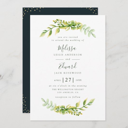 美しい緑の葉結婚式招待状 招待状 (正面/裏面)