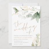 美しい緑の葉 ゴールド ウェディング 招待状 (正面)