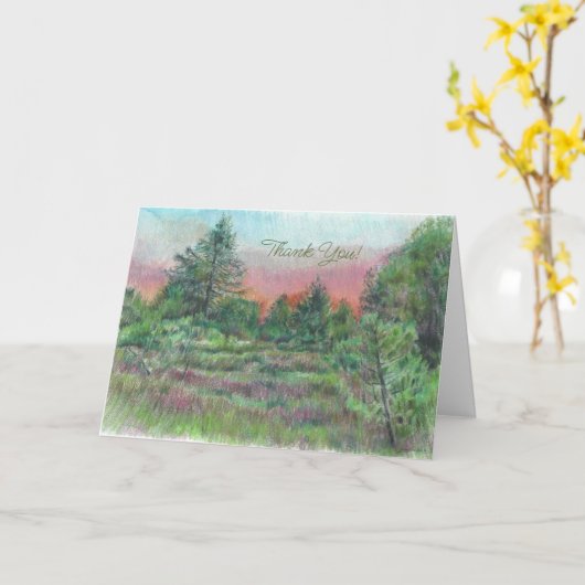 美しい緑ピンクの風景アートツリーありがとう カード (黄色い花)