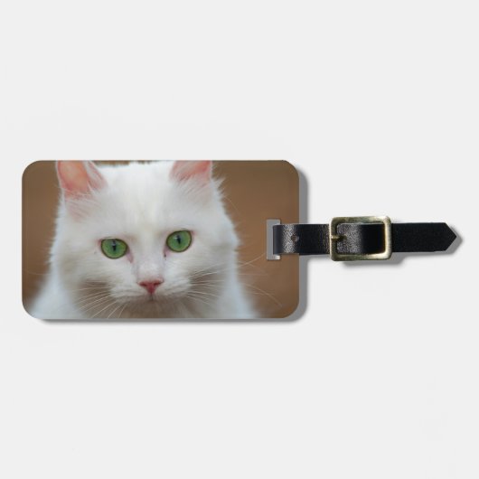 美しい緑色の目の白い猫の肖像画 ラゲッジタグ (正面横)