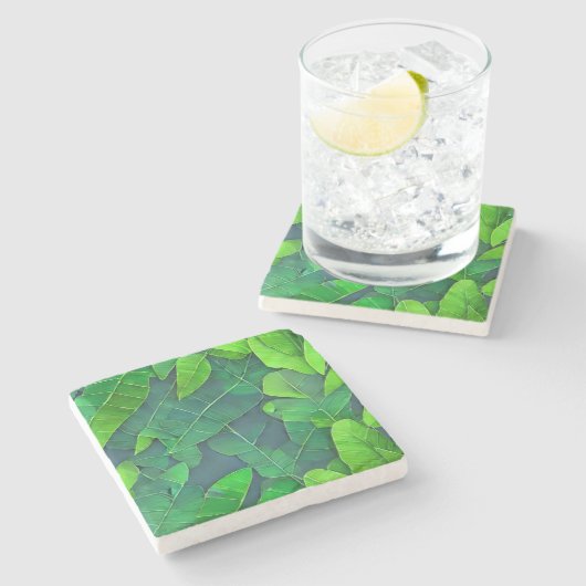 美しい緑葉の模様 ストーンコースター (横)