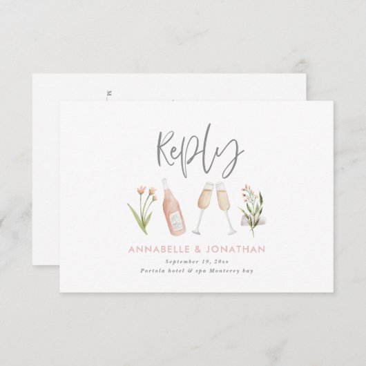 美しい繊細なフローラガーリーの結婚返事 出欠カード (正面/裏面)