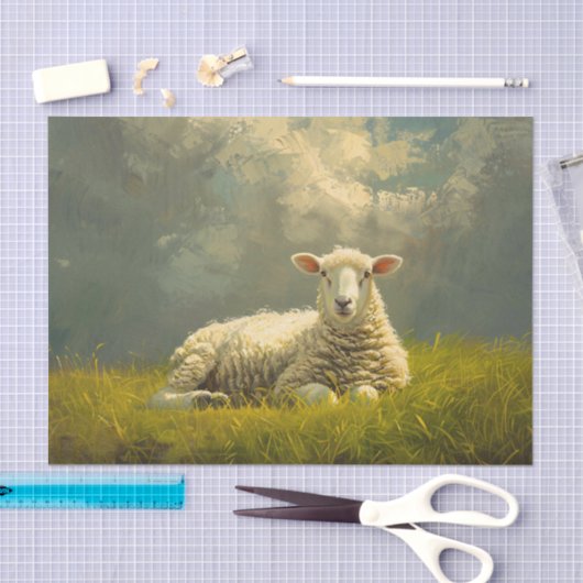 美しい羊が草原に佇む油彩デコパージュ 薄葉紙 (クラフト)
