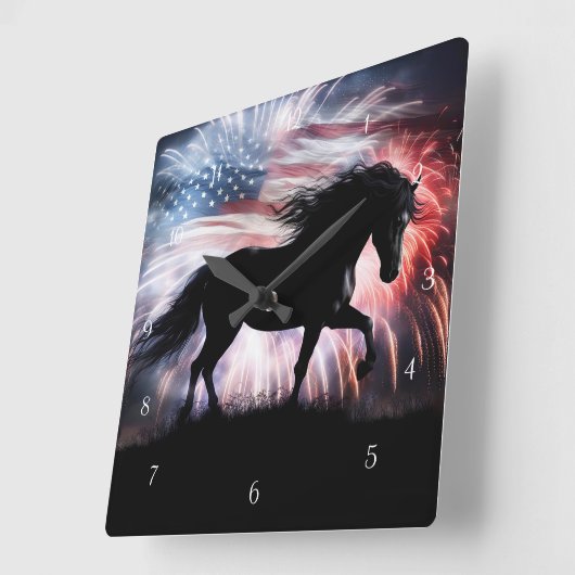 美しい羊蹄馬アメリカ国旗の花火 スクエア壁時計 (傾斜)