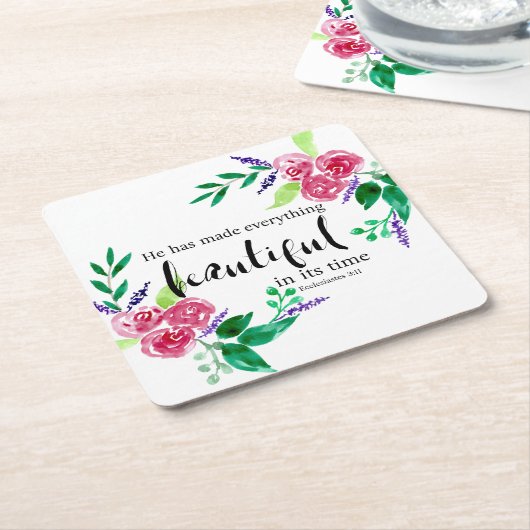 美しい聖書の一節 水彩花 イラストレタリング スクエアペーパーコースター (アングル)