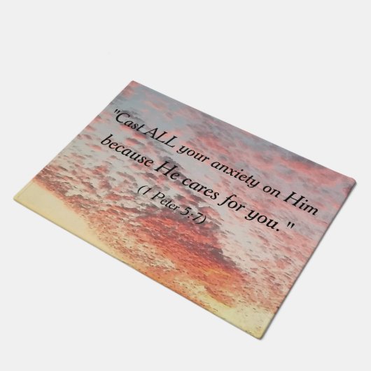 美しい聖書の引用文のプリントの空の日没のデザイン ドアマット (アングル)